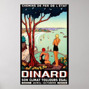 Dinard kustlijn, zwemmende meisjes, vintage reis poster