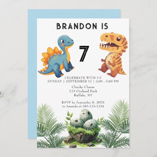 Dinasaur Kind's verjaardagsfeestuitnodiging Kaart (Voorkant / Achterkant)
