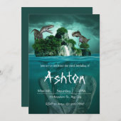 Dinausor Thema Blauw Groen Uitnodiging (Voorkant / Achterkant)