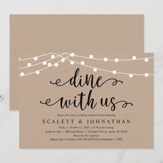Dine met ons, Rustic Kraft Rehearsal Dinner Kaart (Voorkant / Achterkant)