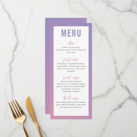 DINEERMENU moderne ster paars roze ombre gradiënt Menu (Voorkant / Achterkant in situ)