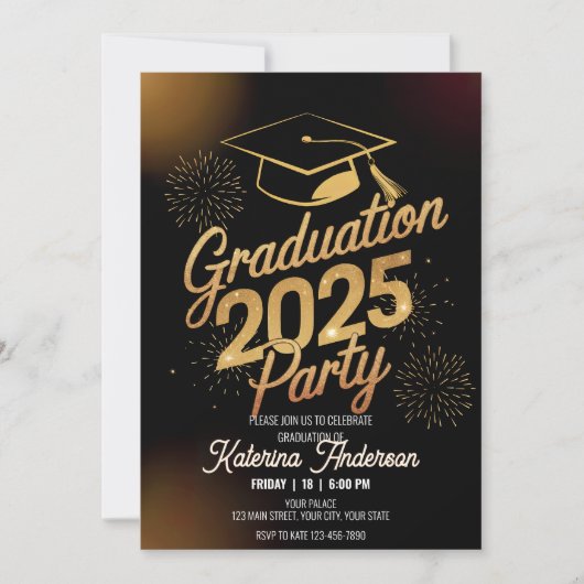 Diner Afstuderen Gold Graduation Cap Vuurwerk Kaart (Voorkant)