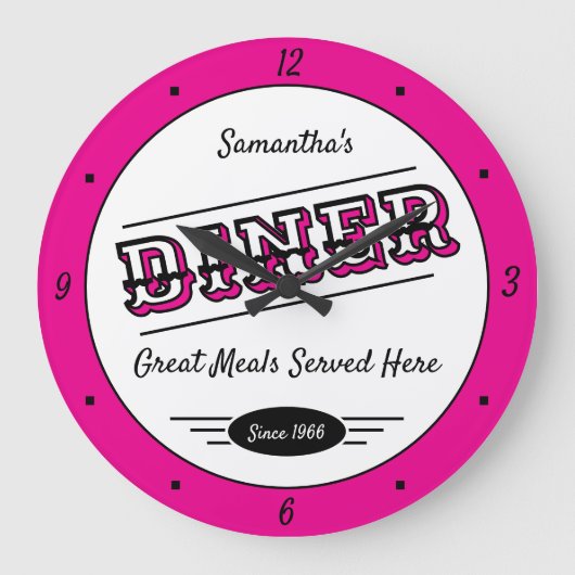 Diner Any Name Date Retro Hot Pink Black White Grote Klok (Voorkant)