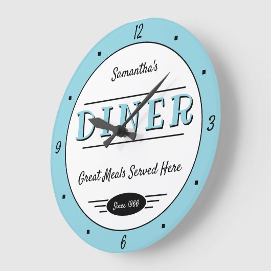Diner Any Name Date Retro Robin Egg Blue Black Grote Klok (Hoek)