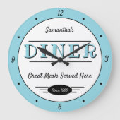 Diner Any Name Date Retro Robin Egg Blue Black Grote Klok (Voorkant)