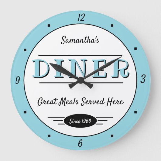Diner Any Name Date Retro Robin Egg Blue Black Grote Klok (Voorkant)