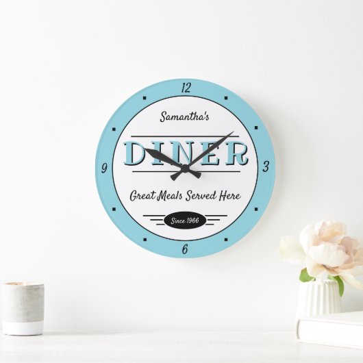 Diner Any Name Date Retro Robin Egg Blue Black Grote Klok (Huis)