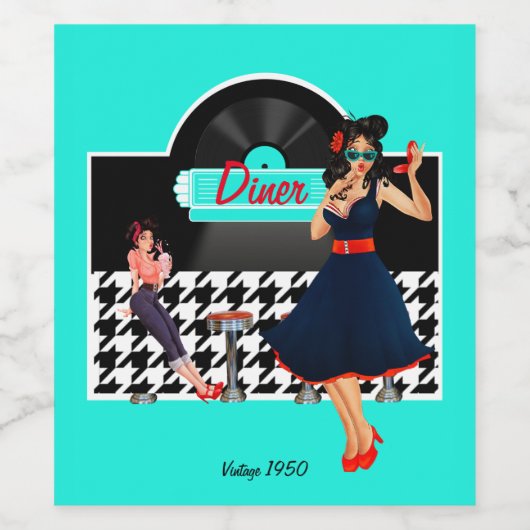 Diner blauwgroen zwart-wit, ingecheckt wijn etiket (Enkel label)