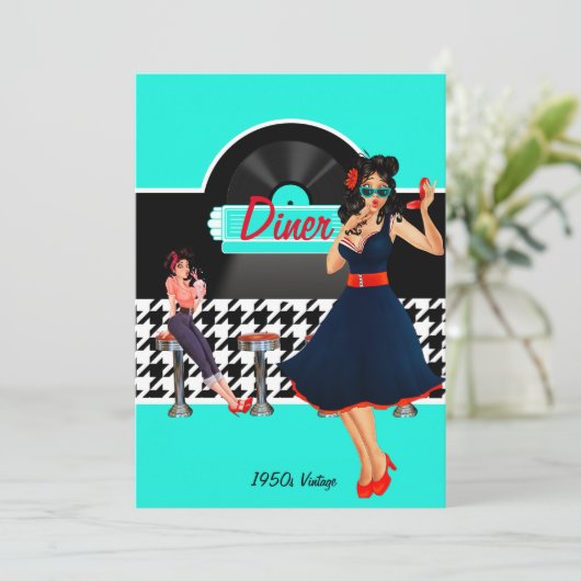 Diner blauwgroen zwart-wit, ingecheckte retro uit  kaart (Staand voorkant)