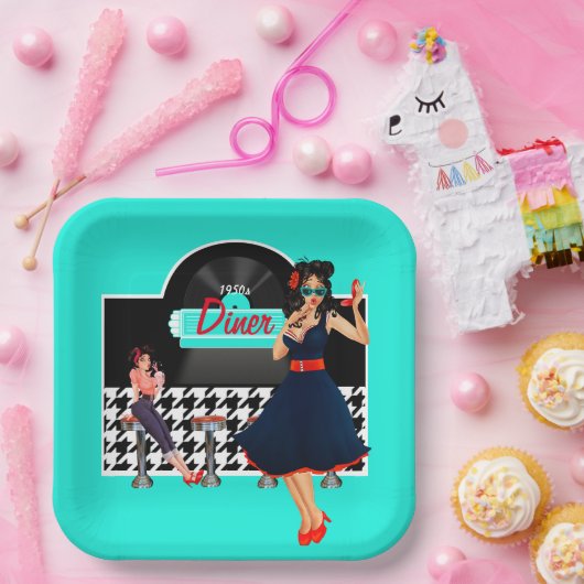 Diner blauwgroen zwart-wit, ingecheckte retro uit  papieren bordje (Feest)