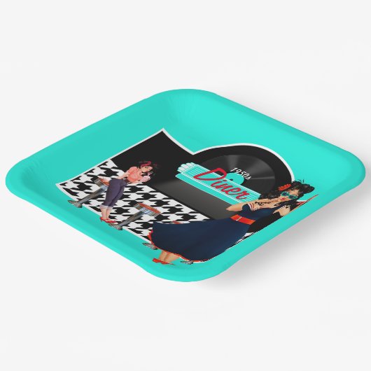 Diner blauwgroen zwart-wit, ingecheckte retro uit papieren bordje (Gebogen)