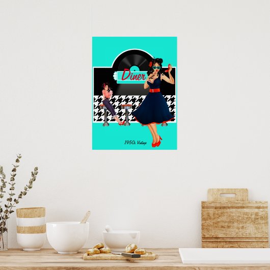 Diner blauwgroen zwart-wit, ingecheckte retro uit poster (Keuken)