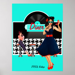 Diner blauwgroen zwart-wit, ingecheckte retro uit  poster