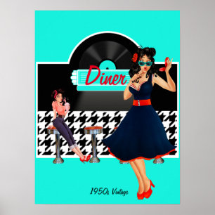 Diner blauwgroen zwart-wit, ingecheckte retro uit  poster