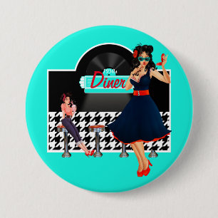 Diner blauwgroen zwart-wit, ingecheckte retro uit ronde button 7,6 cm
