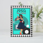 Diner blauwgroen zwart-wit, ingecheckte retro uit  RSVP kaartje (Staand voorkant)