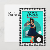 Diner blauwgroen zwart-wit, ingecheckte retro uit  RSVP kaartje (Voorkant / Achterkant)