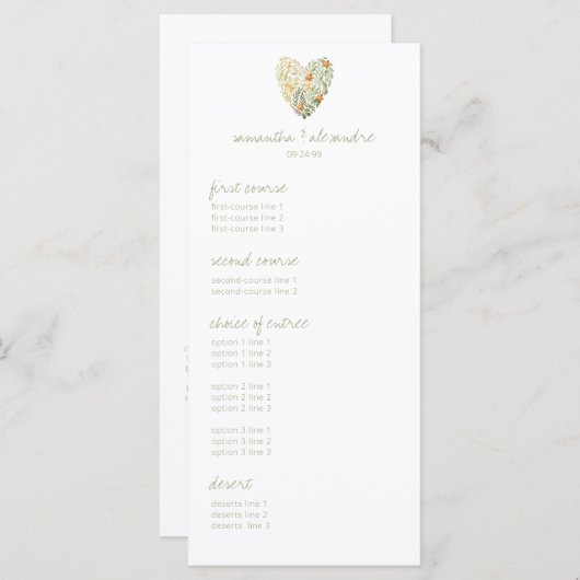 Diner & Dansen Bloemen Groen Bruiloft Receptie Menu (Voorkant / Achterkant)