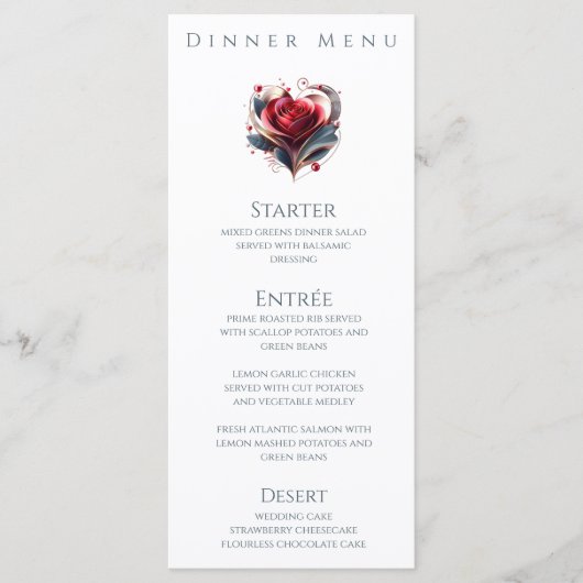 Diner en Bar Menu-Modern Hartvormig Roos Menu (Voorkant)