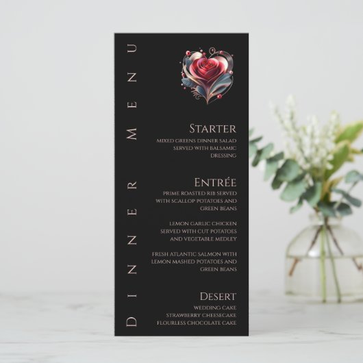 Diner en Bar Menu-Modern Hartvormig Roos Menu (Staand voorkant)