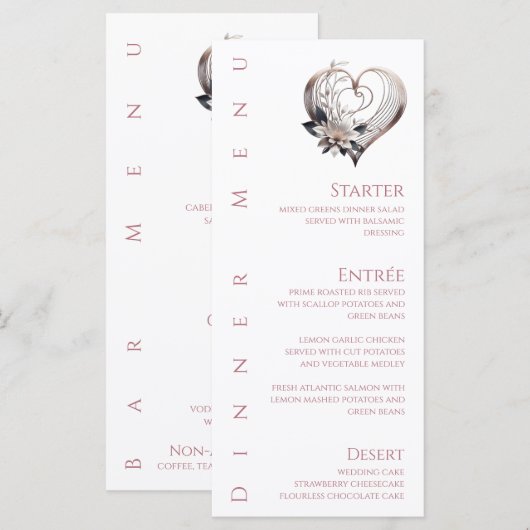 Diner en Bar Menu-Modern roze hart met bloemen Menu (Voorkant / Achterkant)