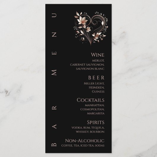 Diner en Bar Menu-Roos Gouden Bloemen met een Hart Menu (Achterkant)
