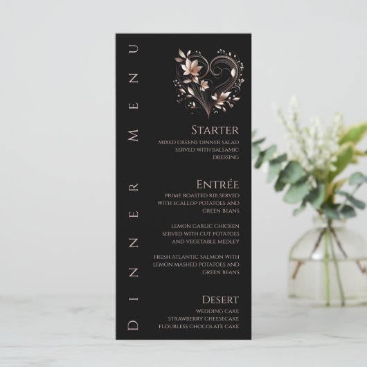Diner en Bar Menu-Roos Gouden Bloemen met een Hart Menu (Staand voorkant)