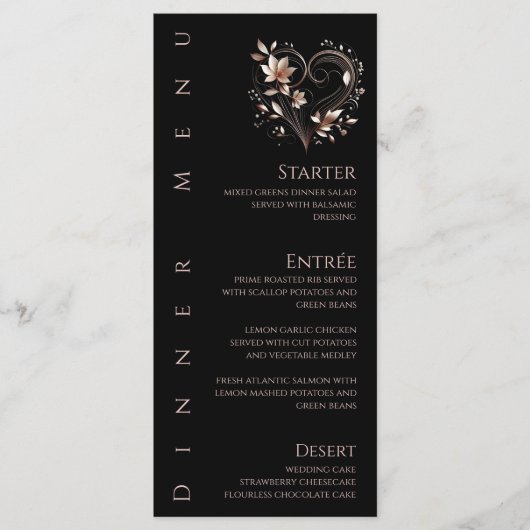 Diner en Bar Menu-Roos Gouden Bloemen met een Hart Menu (Voorkant)