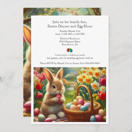 Diner en Egg Hunt Familie Pasen Uitnodiging (Voorkant / Achterkant)