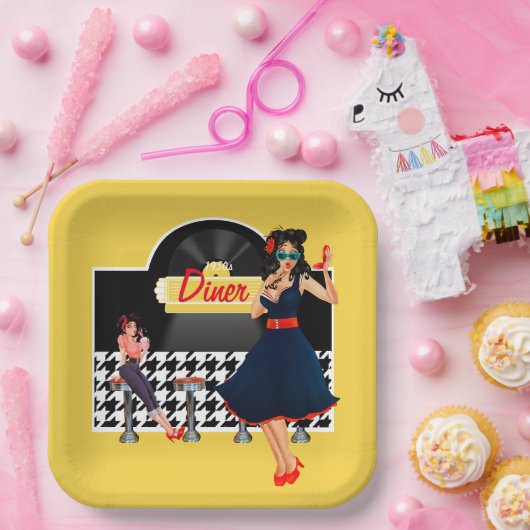 Diner geel zwart-wit, ingecheckt papieren bordje (Feest)