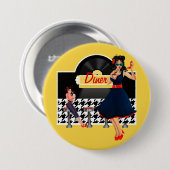 Diner geel zwart-wit, ingecheckt ronde button 7,6 cm (Voorkant /achterkant)