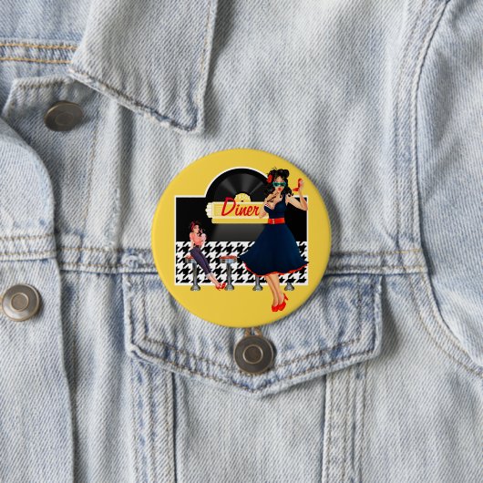 Diner geel zwart-wit, ingecheckt ronde button 7,6 cm (In situ)