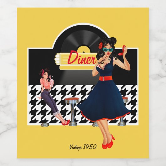 Diner geel zwart-wit, ingecheckt wijn etiket (Enkel label)