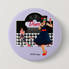 Diner lavender zwarte & witte retro ingecheckt in  ronde button 7,6 cm