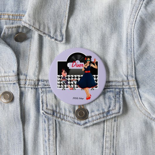 Diner lavender zwarte & witte retro ingecheckt in  ronde button 7,6 cm (In situ)