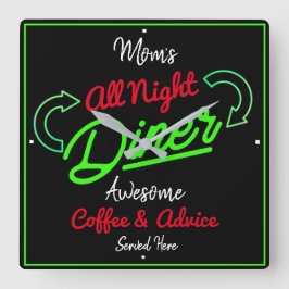 Diner Mam's naam Neon Green Effect Red Black Funny Vierkante Klok