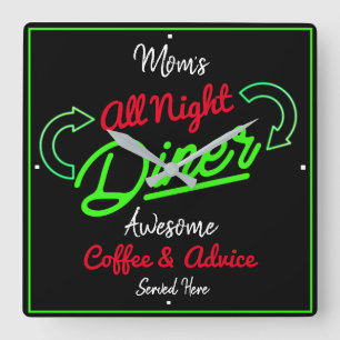Diner Mam's naam Neon Green Effect Red Black Funny Vierkante Klok