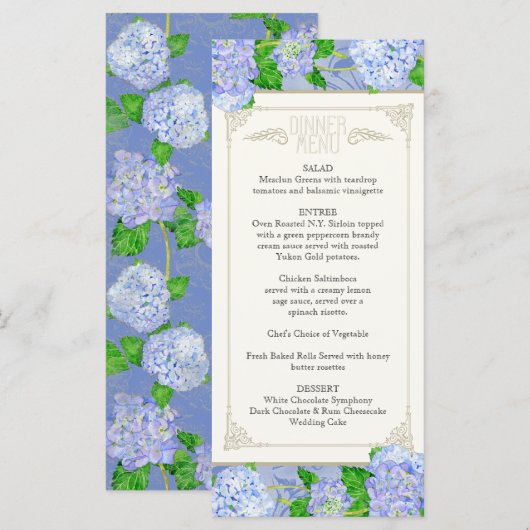 Diner Menu Blauw Hydrangea Kant Floral Formal (Voorkant / Achterkant)