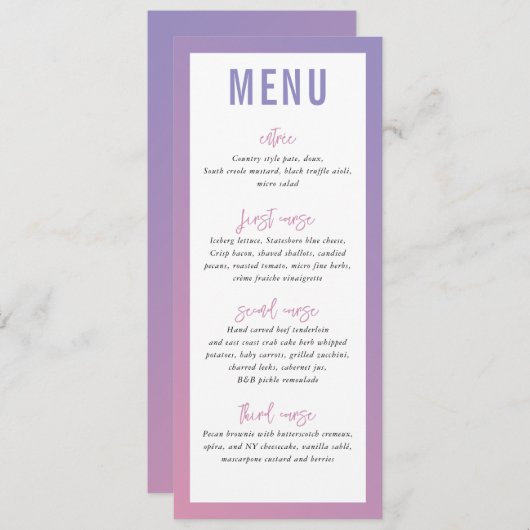 DINER MENU modern ster paarse roze ombre gradient (Voorkant / Achterkant)