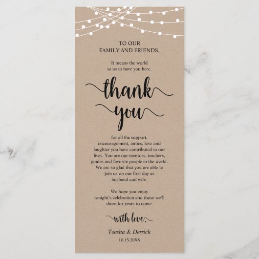 Diner plaats instelling Dank u, rustieke Kraft Kaa Programmakaart (Voorkant)