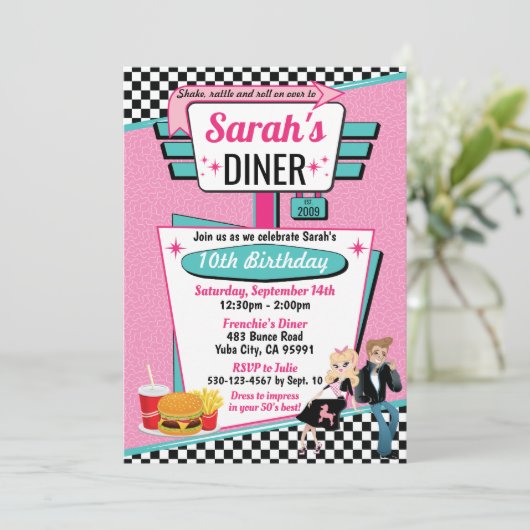 Diner Retro 1950 - Birthday Party Sock Hop Design Kaart (Staand voorkant)