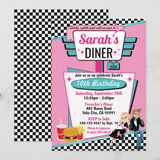 Diner Retro 1950 - Birthday Party Sock Hop Design Kaart (Voorkant / Achterkant)