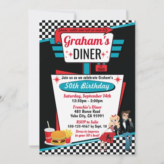 Diner Retro 1950 - Birthday Party Sock Hop Design Kaart (Voorkant)