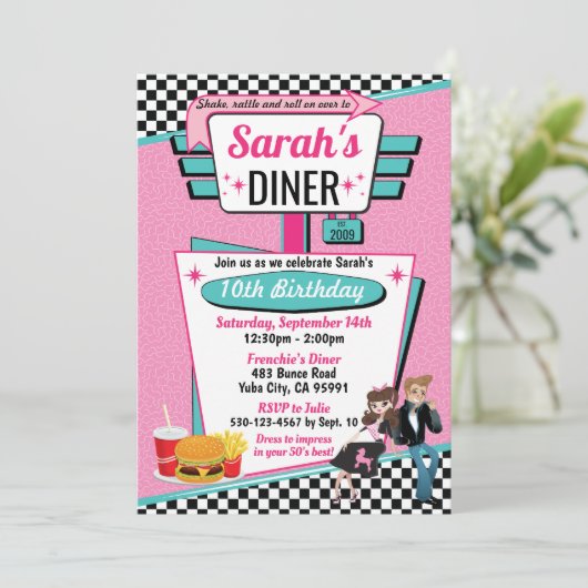 Diner Retro 1950 - Birthday Party Sock Hop Design Kaart (Staand voorkant)