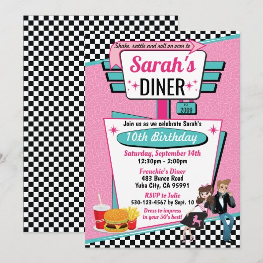Diner Retro 1950 - Birthday Party Sock Hop Design Kaart (Voorkant / Achterkant)