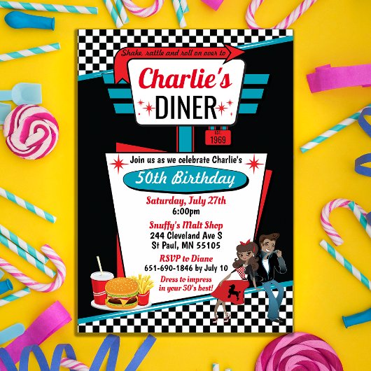 Diner Retro 1950 - Birthday Party Sock Hop Design Kaart