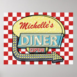 Diner Retro 50s Rood gecontroleerd   Aangepaste na Poster