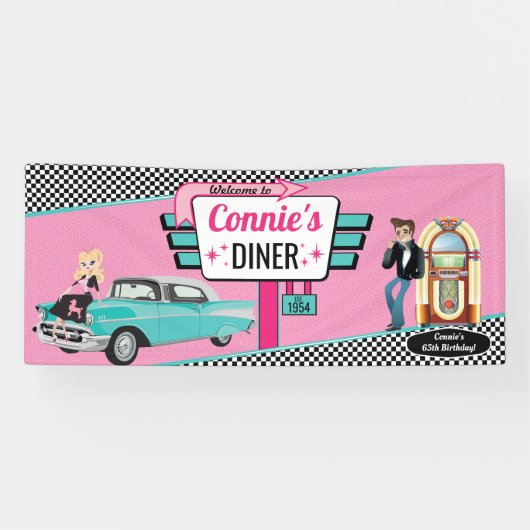 Diner Retro Car Birthday Party Sock Hop Ban uit 19 Spandoek (Horizontaal)