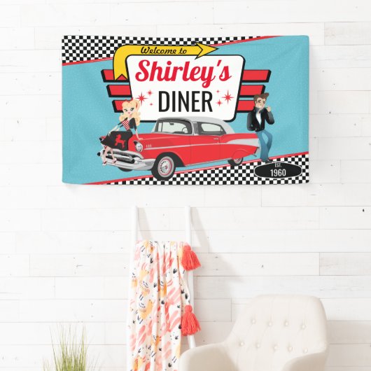 Diner Retro Car Birthday Party Sock Hop Ban uit 19 Spandoek (Insitu)