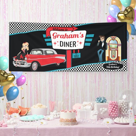 Diner Retro Car Birthday Party Sock Hop Ban uit 19 Spandoek